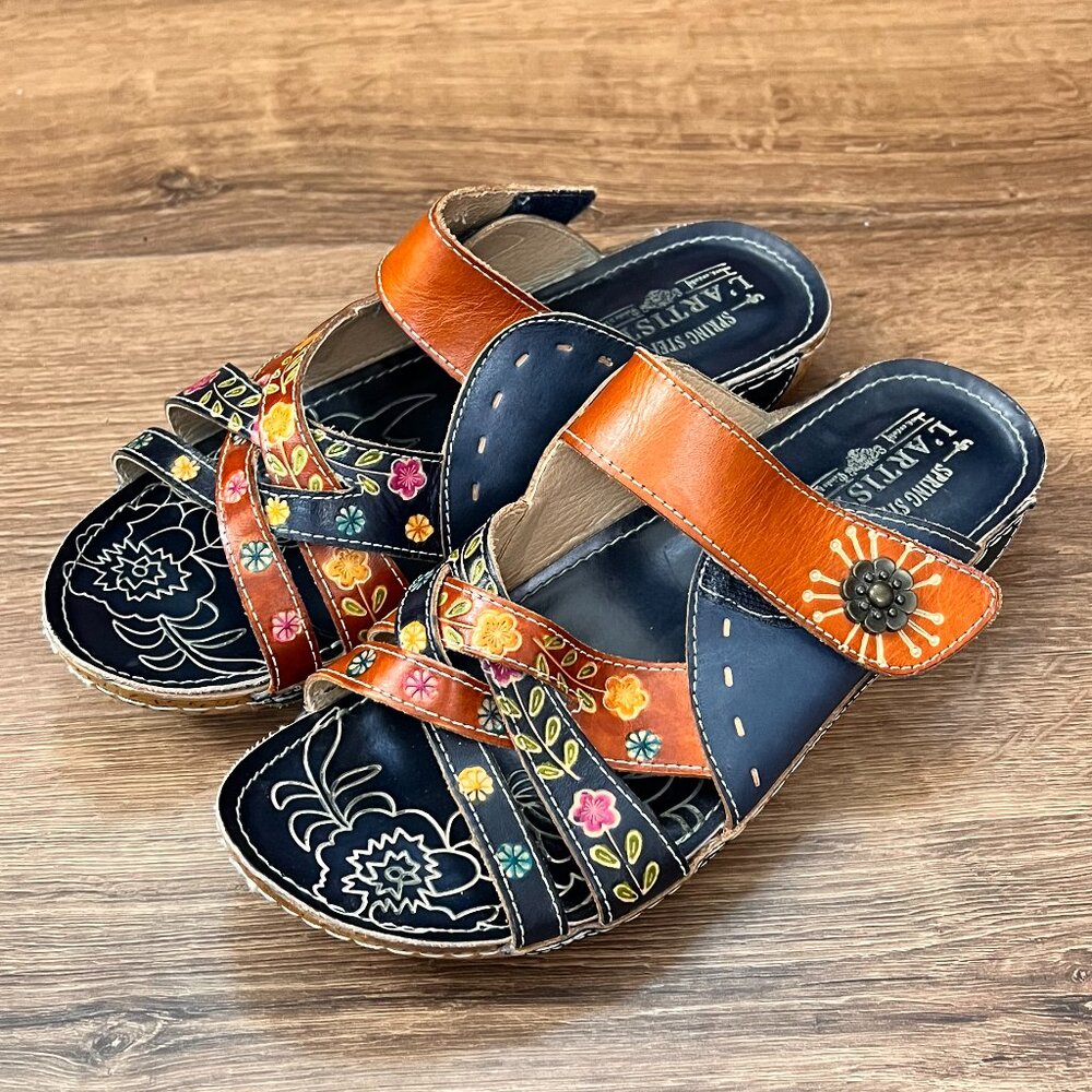Leather Floral Embroidered Slide Sandals - Navy & Orange